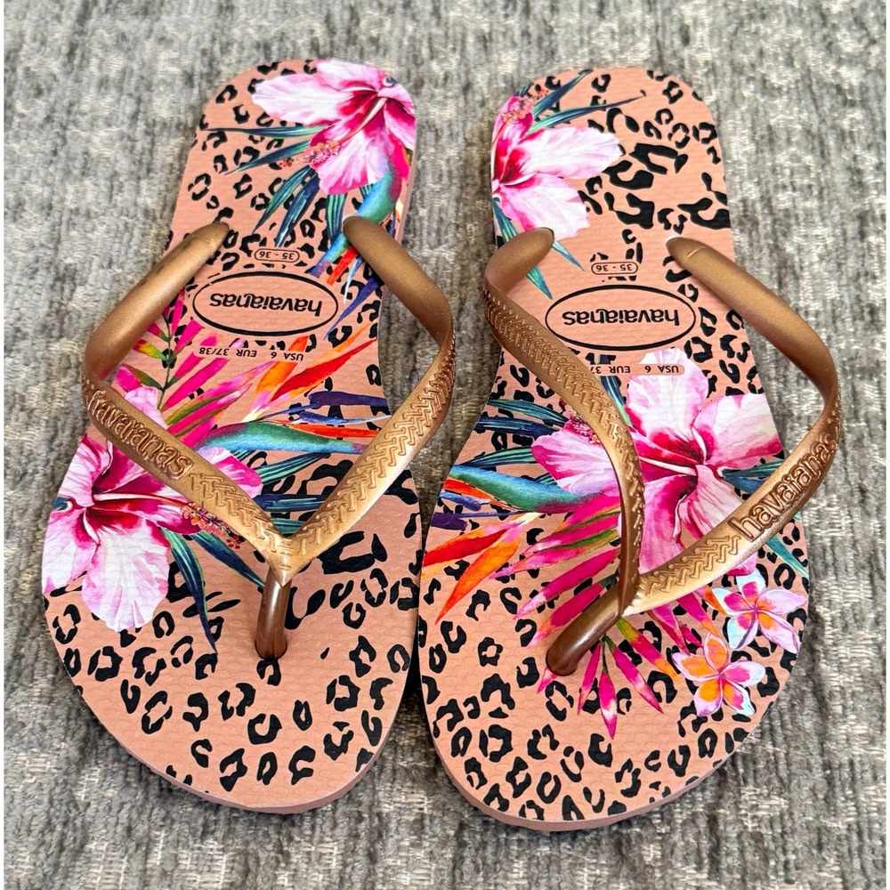 Havaianas Women's Flip Flop Sandals Pink Gold Floral Logo Slip On US 6